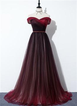 Picture of High Quality Gradient Dark Red Color Sweetheart Long Prom Dresses, Tulle Evening Dresses